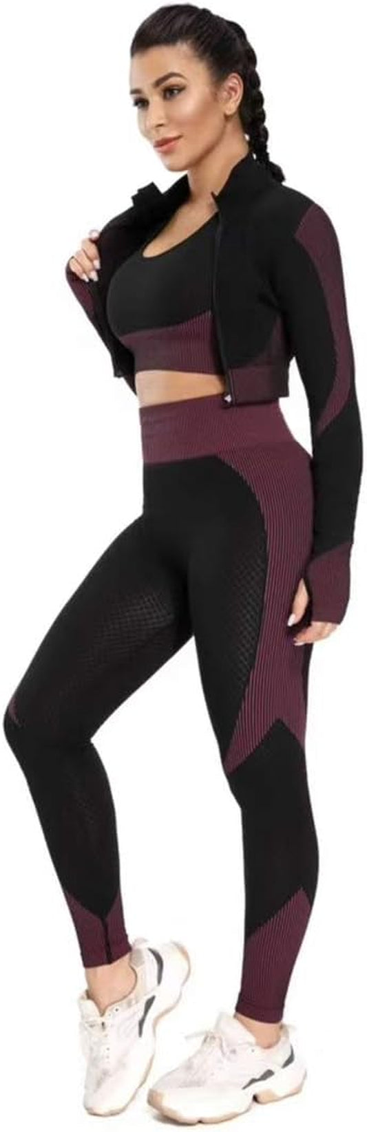 Workout Sets Women 2 Piece Gym Outfits Seamless Yoga Long Sleeve Zip Tracksuit High Waist Legging Exercise Fitness Activewear Wine Medium