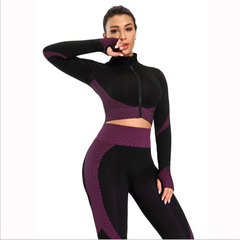 Workout Sets Women 2 Piece Gym Outfits Seamless Yoga Long Sleeve Zip Tracksuit High Waist Legging Exercise Fitness Activewear Wine Medium